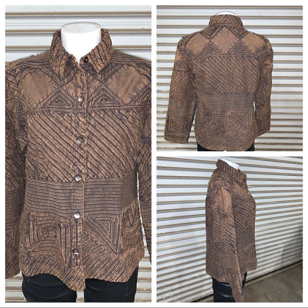 Chico”s jacket geometric design long sleeve button up brown and black size small